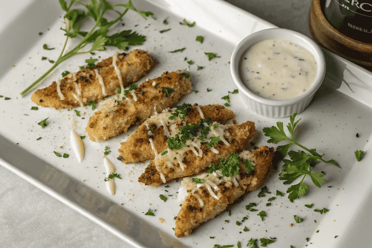 Capture an artistic overhead shot of plated garlic parmesan chicken strips arranged neatly on a white ceramic plate, garnished with chopped parsley and grated parmesan. Include a small ramekin of ranch dressing on the side and a sprig of fresh herbs for decoration. The lighting should highlight the golden crust of the chicken and the cheesy sauce drizzle. Add subtle shadows for depth.