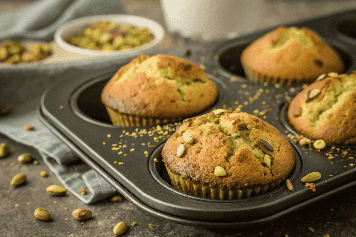 Golden brown pistachio muffin tops