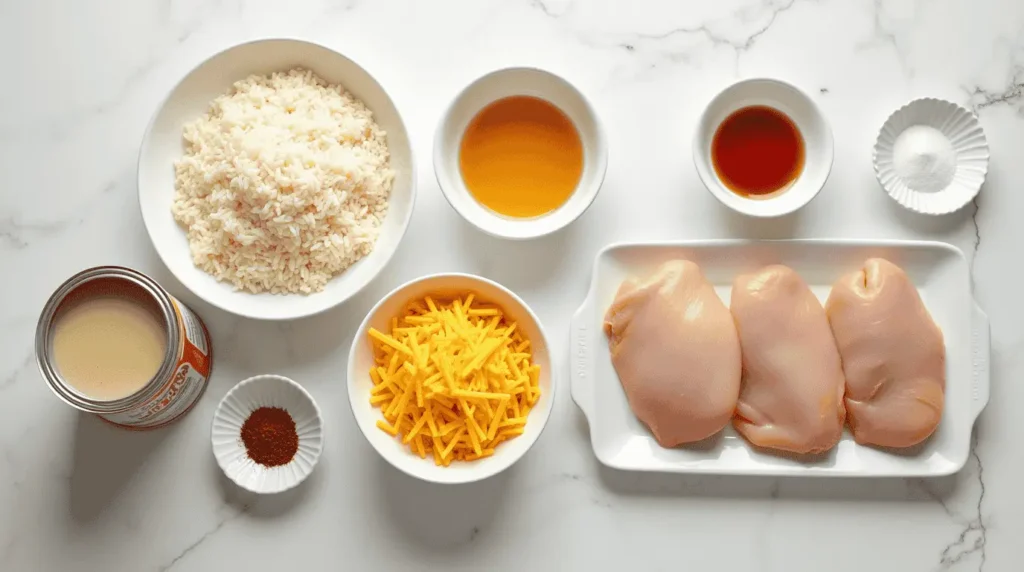 Ingredients needed to make Angel Chicken and Rice Casserole.