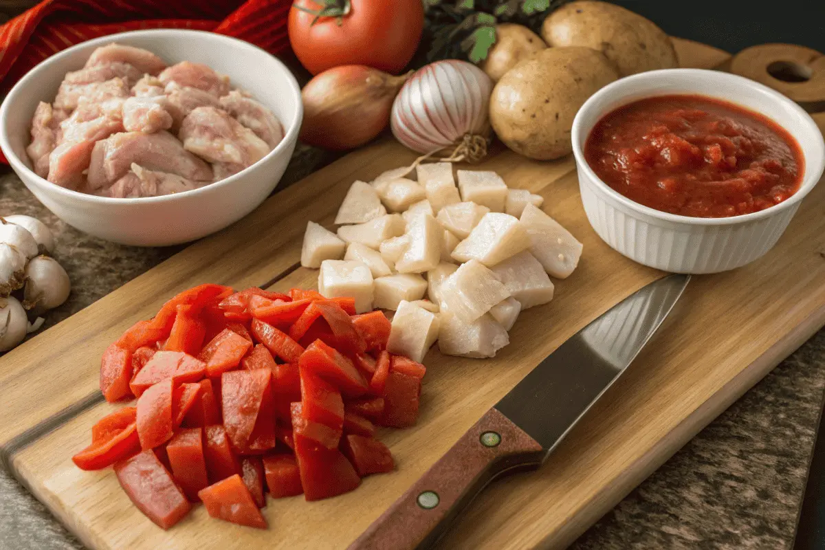 Ingredients for making Chicken Caldereta: chicken, vegetables, and sauce