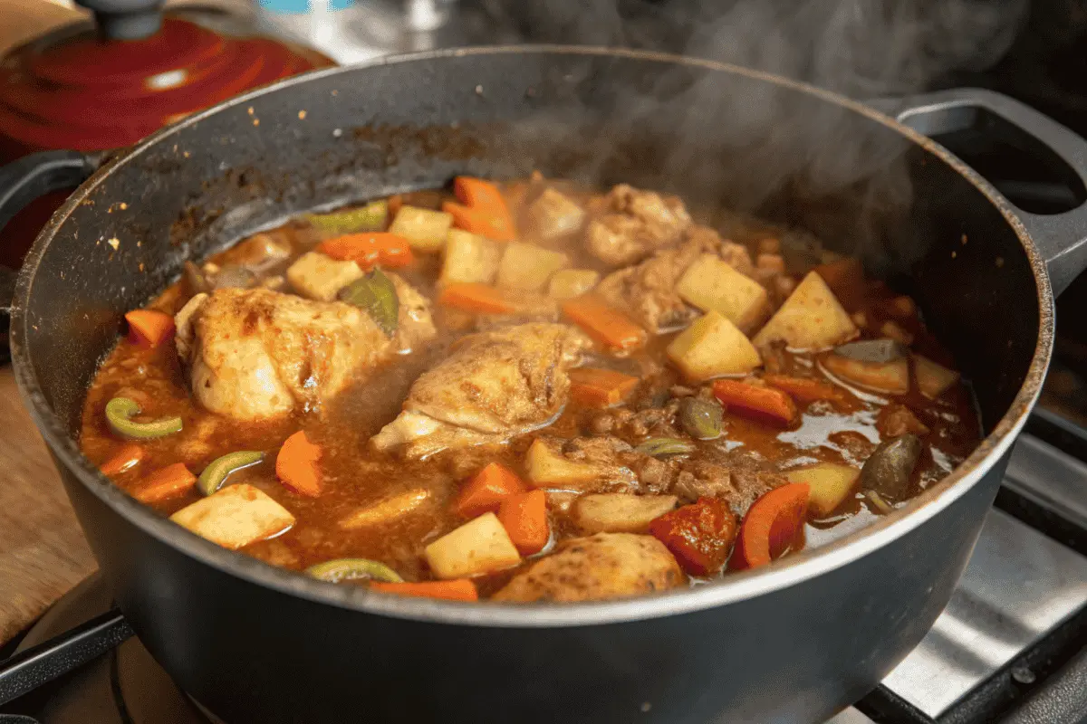 Chicken Caldereta simmering in a Dutch oven