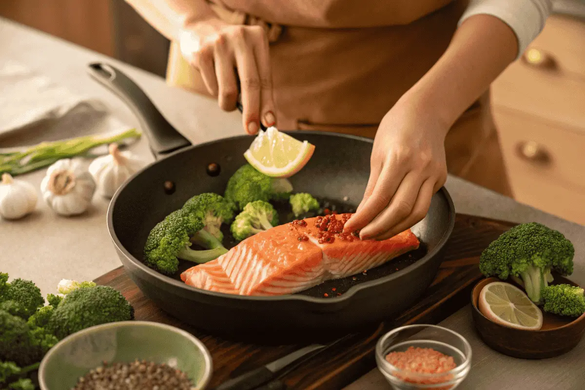 Cooking Salmon Broccoli in Skillet