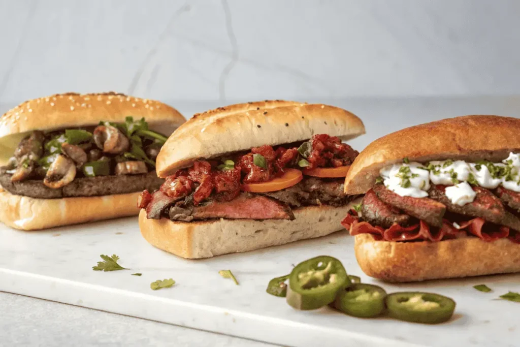 Different Ribeye Steak Sandwich variations with unique toppings.