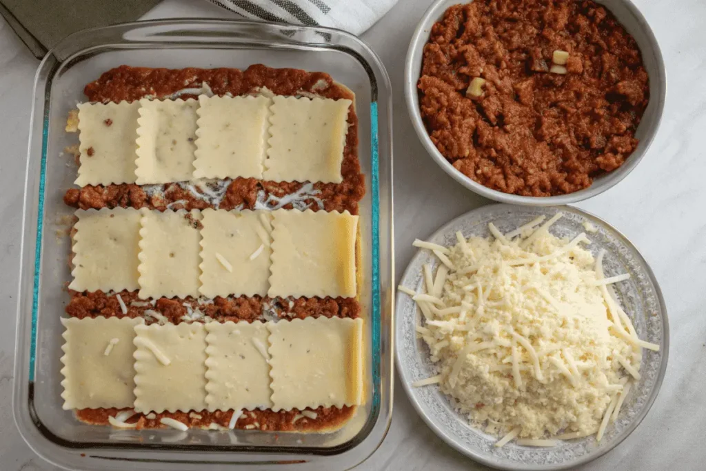 Step-by-step Ronzoni lasagna assembly process