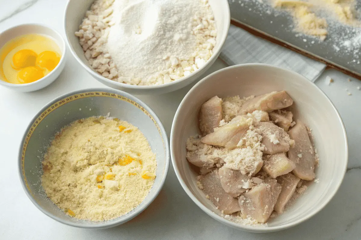 Step-by-step breading process for garlic parmesan chicken.