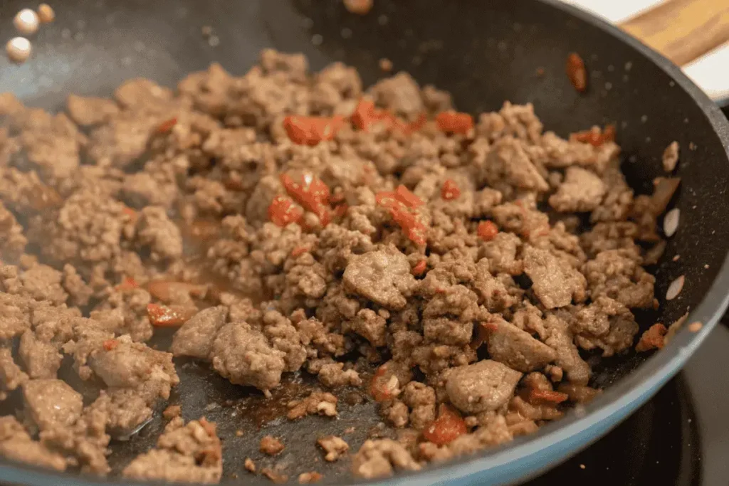  Cooking beef chorizo in a skillet.