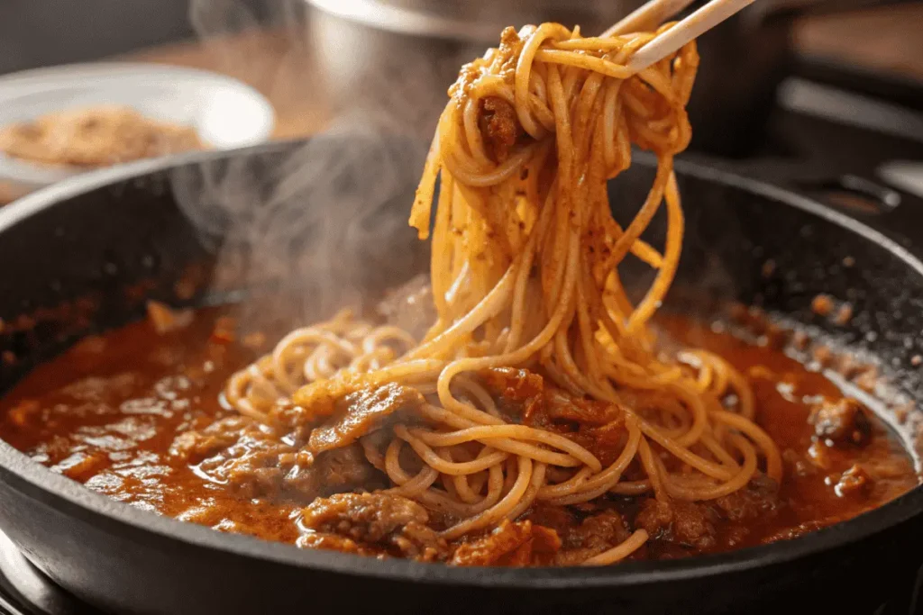 Buldak ramen noodles being mixed with the spicy sauce.