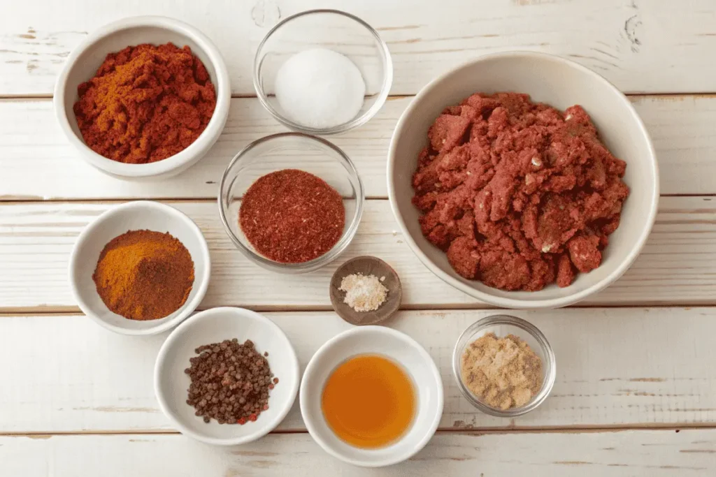 Ingredients for homemade beef chorizo recipe.