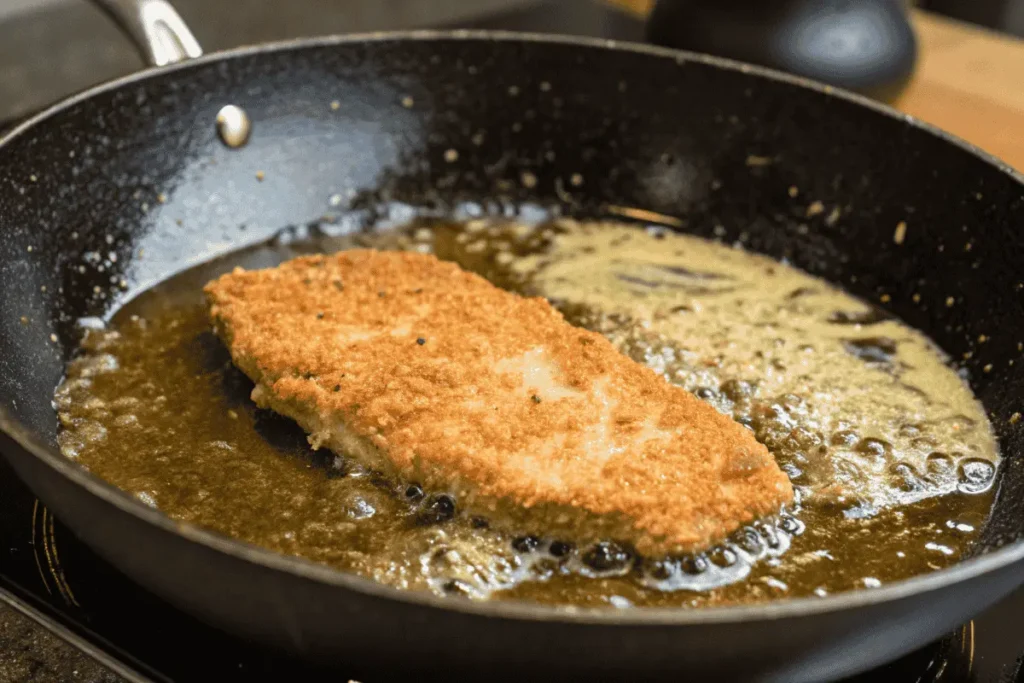 Frying breaded steak in hot oil for a breaded steak sandwich.