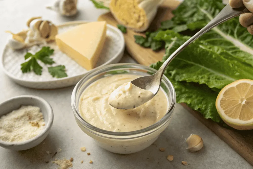 A bowl of homemade creamy Caesar dressing with fresh ingredients on the side.