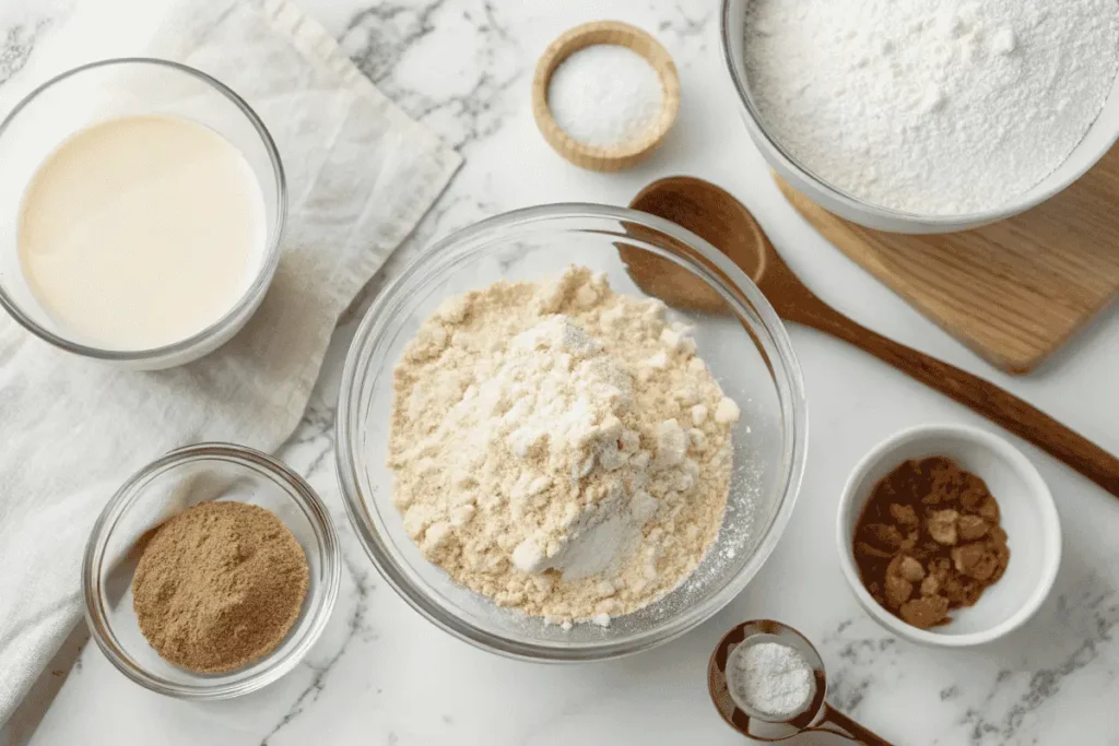 Protein Biscuit Ingredients: flour, protein powder, baking powder, sugar, salt, milk, coconut oil