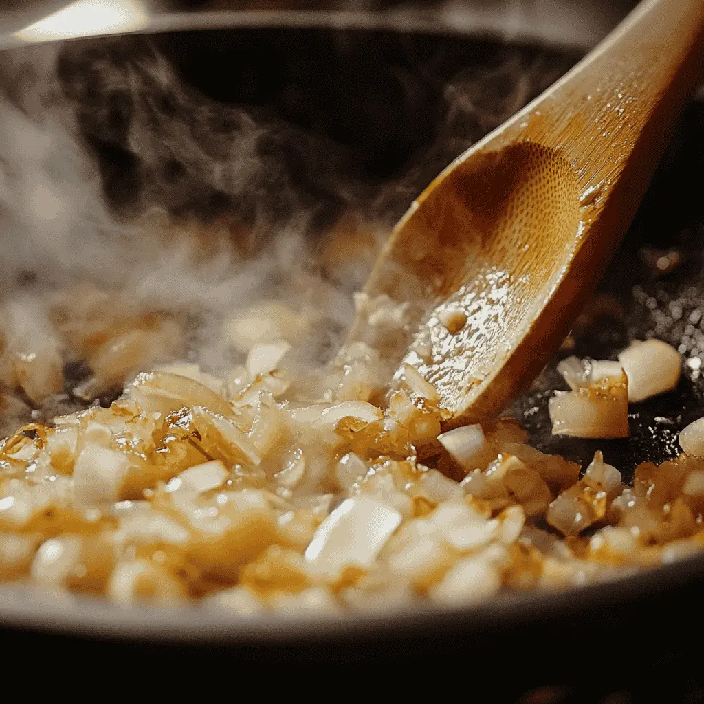 Sautéing onions and garlic in butter and olive oil for pasta.