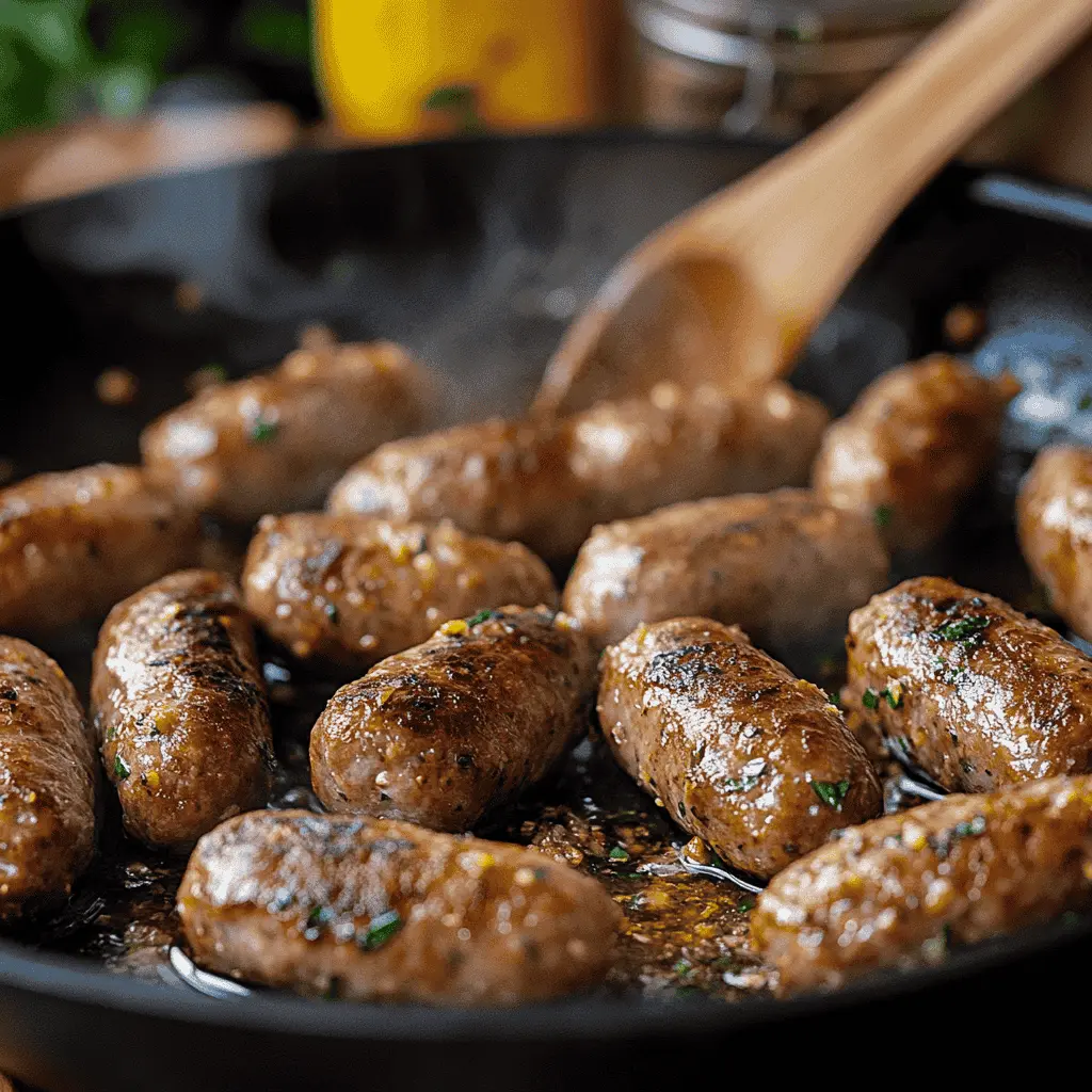 Italian sausage browning in a pan.