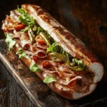 Torpedo sandwich on wooden board with Italian meats and toppings