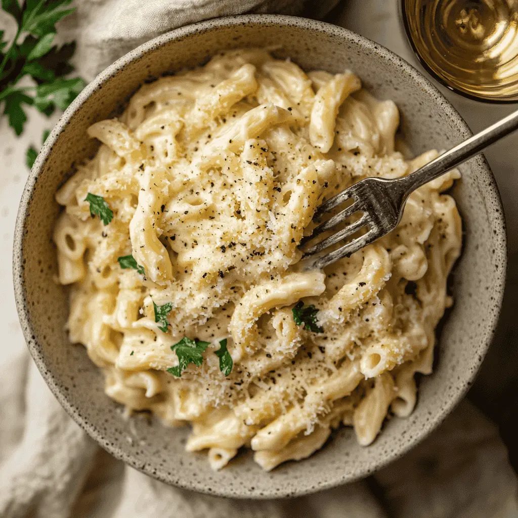 A top-down view of a bowl of creamy ditalini pasta, garnished with extra Parmesan, cracked black pepper, and fresh parsley. A fork twirls a small bite, showcasing the creamy texture of the sauce. The dish is set on a neutral-toned napkin with a glass of white wine in the background, creating an inviting, cozy dinner scene.