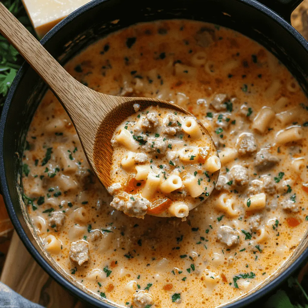 A ladle lifting creamy ditalini soup from the pot.
