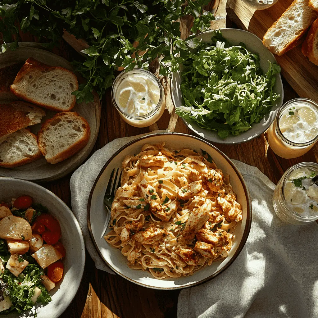 Cajun Chicken Pasta dinner with sides