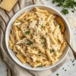 Overhead view of creamy crockpot chicken pasta in a white bowl
