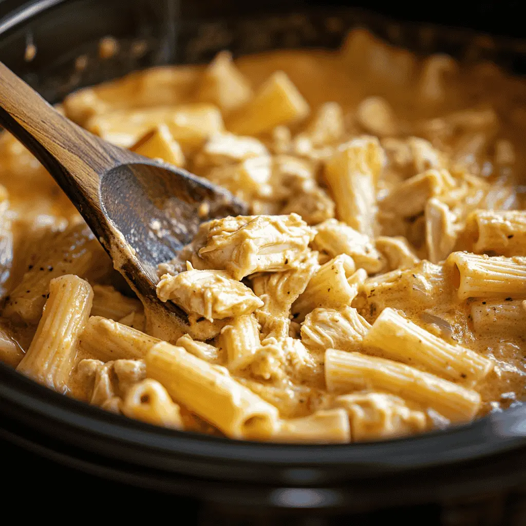Shredded chicken in creamy sauce inside a crockpot