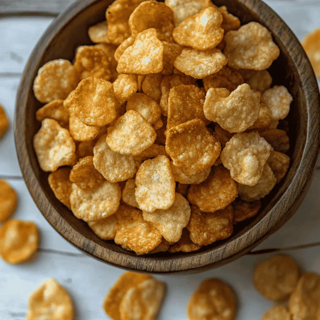 Golden brown crispy cottage cheese chips spilling from a rustic bowl.