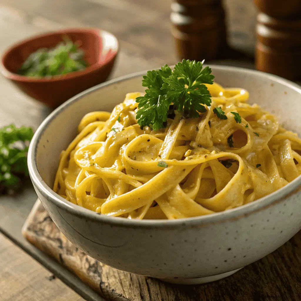  A comforting bowl of creamy cafeteria noodles recipe, garnished with fresh parsley, ready to eat.
