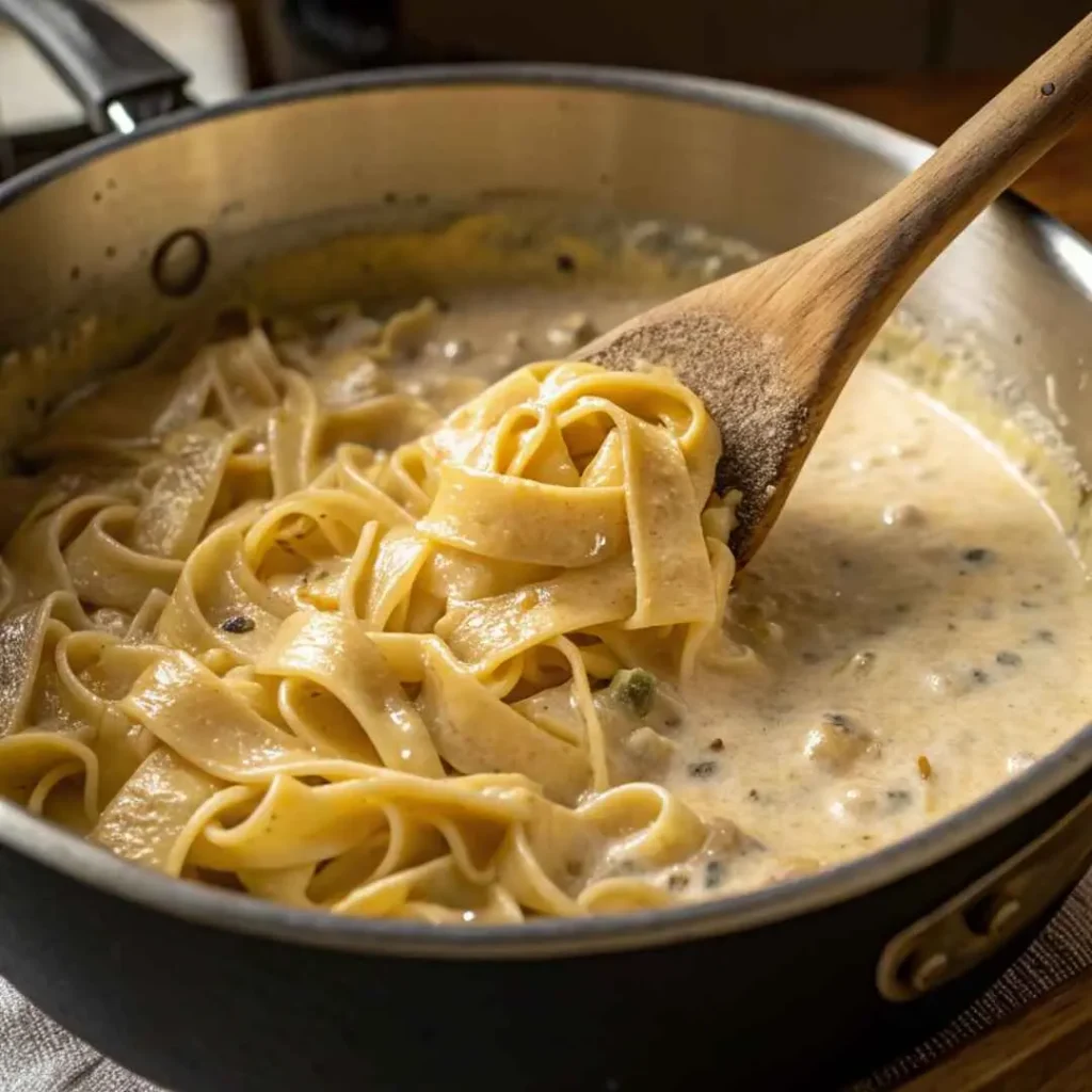 Stirring creamy cafeteria noodles in a pot during the cooking process for an easy dinner.